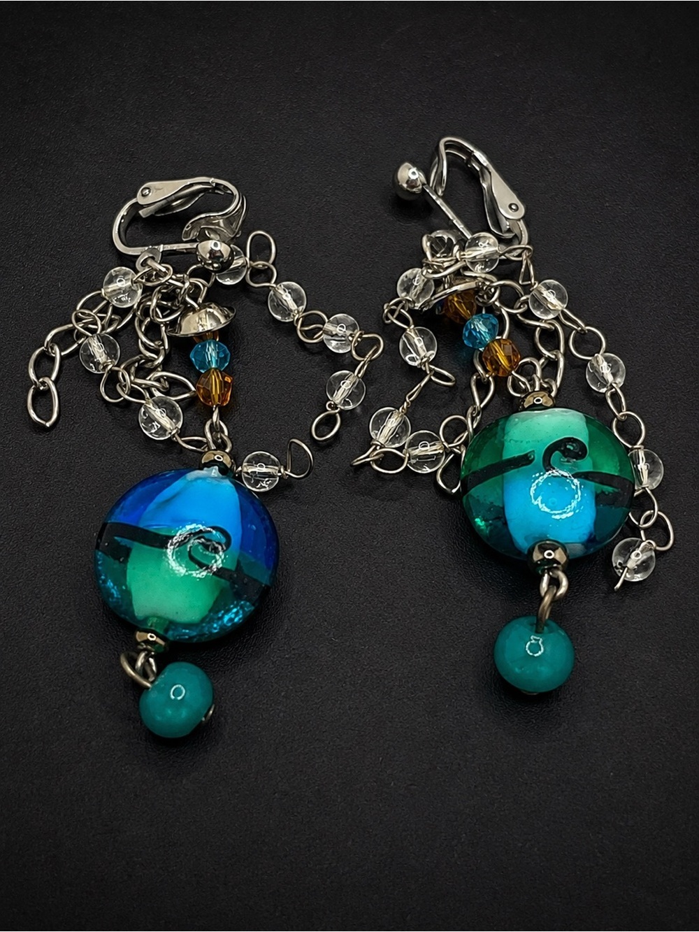Handmade Teal Glass Bead Dangle clip on Earrings. 1990s/y2K